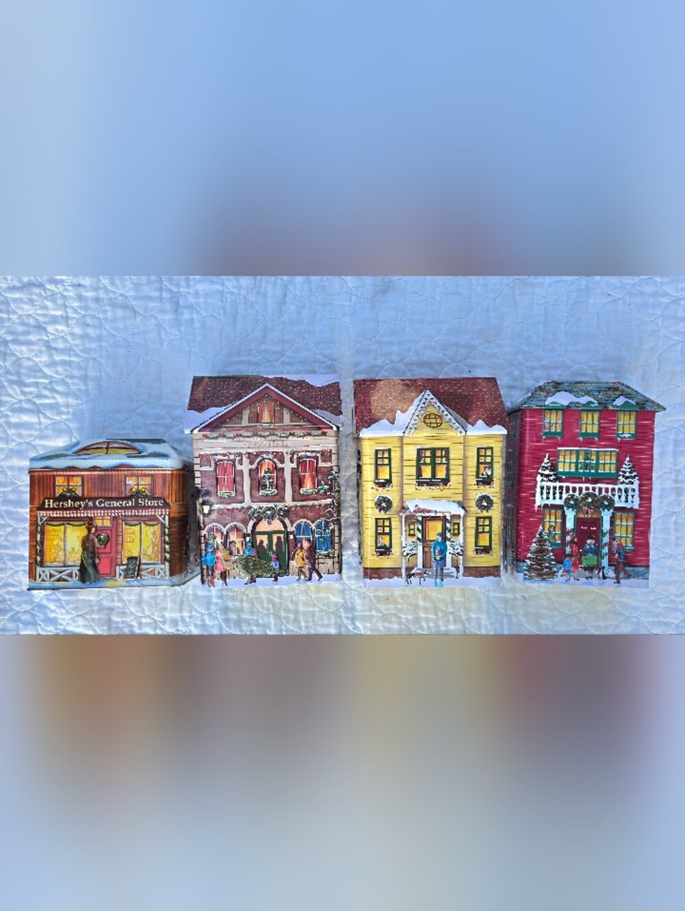 4 Harry London Empty Christmas Village Tins Red/Yellow House Town Hall Store EUC